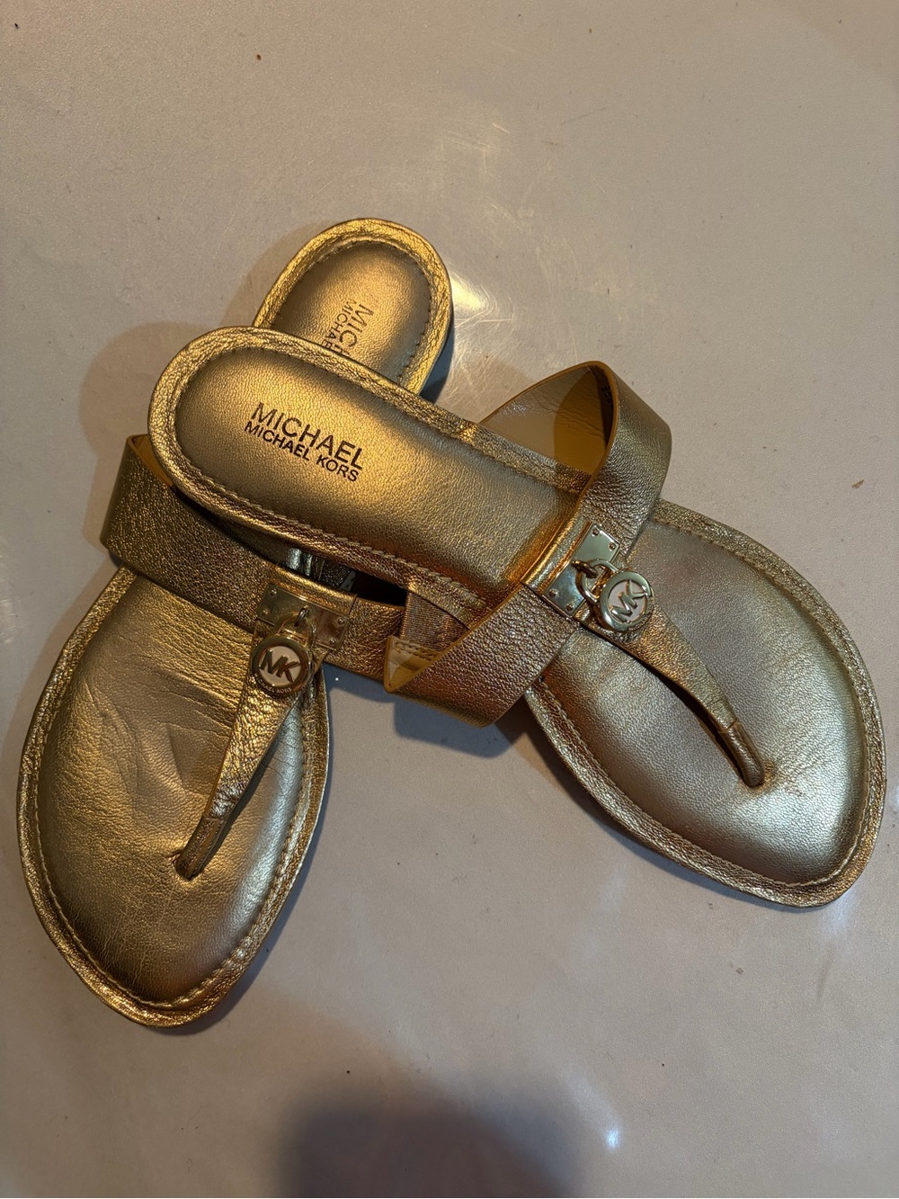 Michael Kors Metallic Gold Logo Toe-Post Sandals